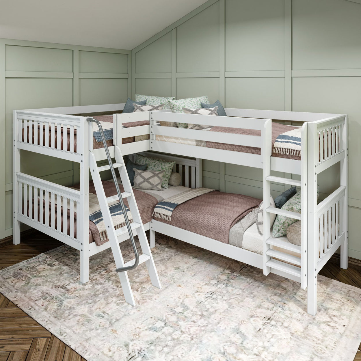 White wooden L-shaped bunk bed with steps in a cozy green-walled bedroom with a floral rug.