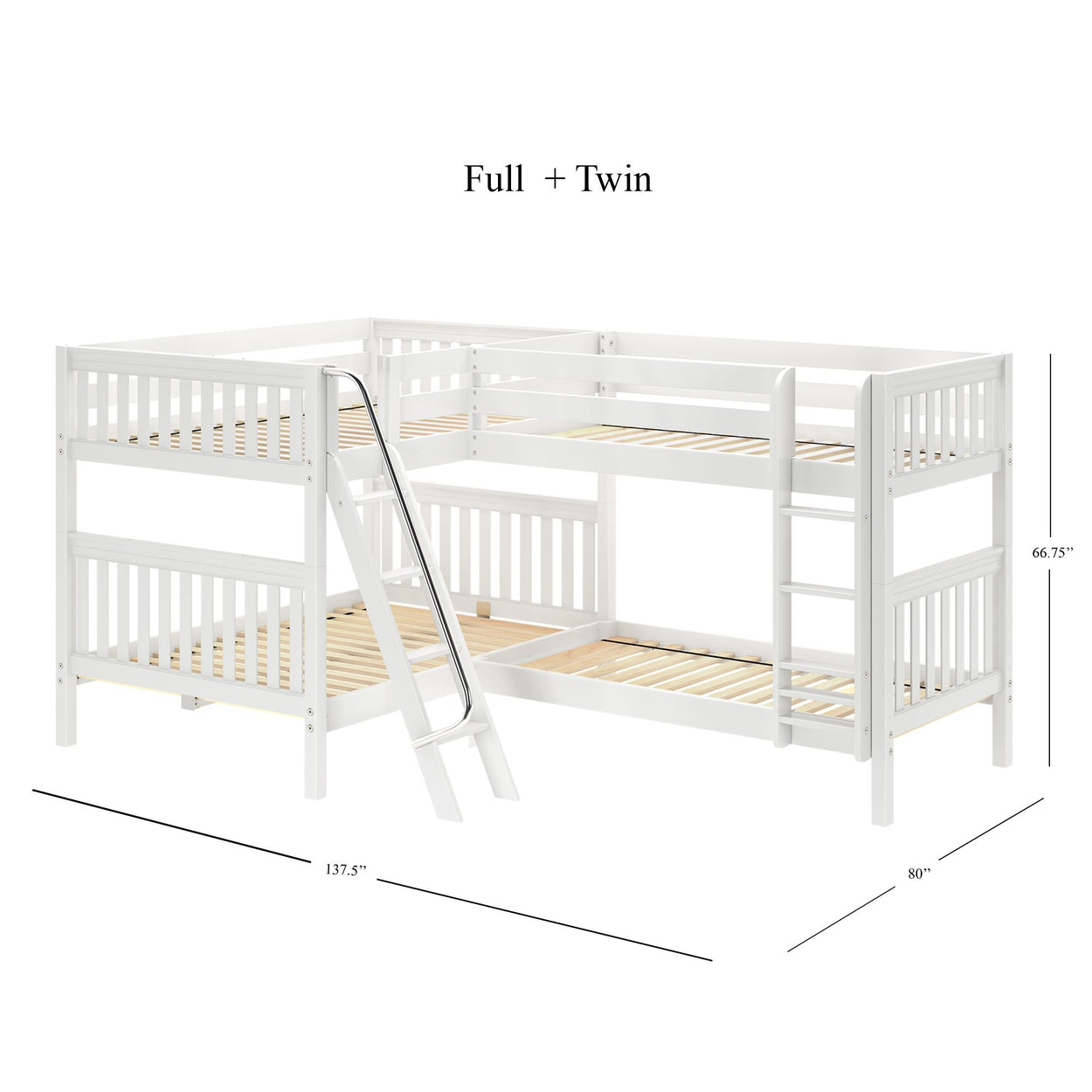 Full and twin white L-shaped bunk bed with ladder and dimensions.
