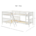White wooden L-shaped full and twin bunk bed with ladder, guardrails and slatted mattress platforms, loft-style kids' bunk measuring 137.5 in x 80 in x 66.75 in