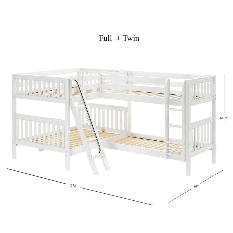 White wooden L-shaped full and twin bunk bed with ladder, guardrails and slatted mattress platforms, loft-style kids' bunk measuring 137.5 in x 80 in x 66.75 in