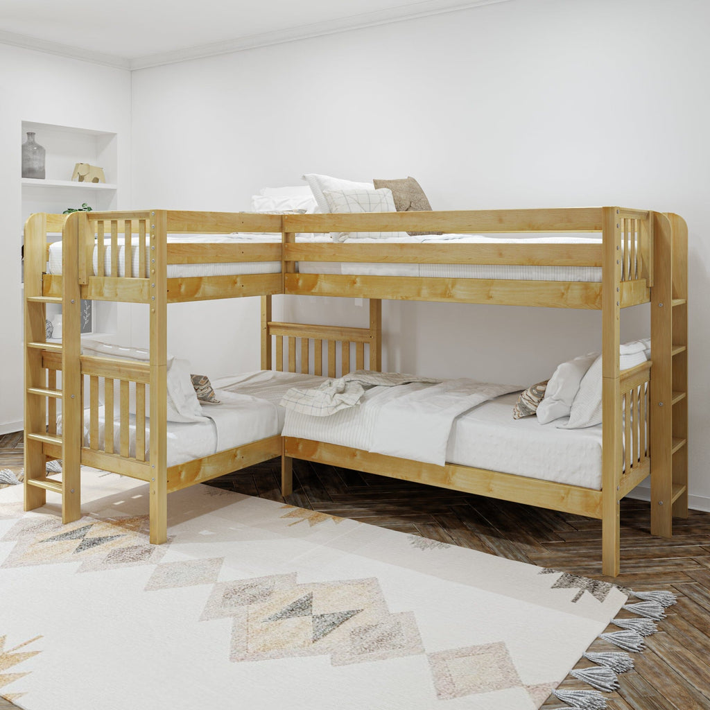 L-shaped solid wood bunk bed in natural finish, space-saving twin corner bunk for kids in a bright neutral bedroom with patterned rug
