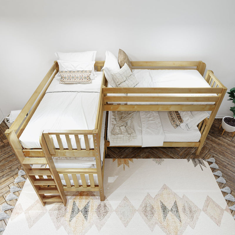 L-shaped wooden bunk bed with twin mattresses, white bedding, safety rails and ladder in a space-saving modern kids' bedroom with patterned rug and potted plant