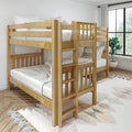 Natural pine solid wood twin-over-full bunk bed with built-in ladder in a bright modern kids' bedroom featuring white bedding, patterned rug, and large window