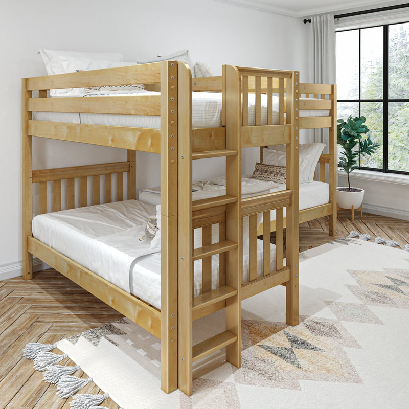 Natural pine solid wood twin-over-full bunk bed with built-in ladder in a bright modern kids' bedroom featuring white bedding, patterned rug, and large window