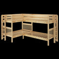 Natural wood L-shaped corner bunk bed frame with built-in ladders and slatted twin platforms, space-saving sturdy design for kids' bedrooms