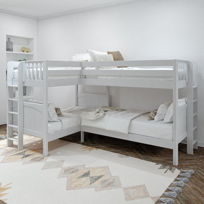 Space-saving white L-shaped wooden bunk bed with built-in ladder and neutral bedding in modern kids bedroom with geometric rug