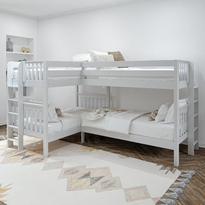 White wooden loft bunk beds in a modern minimalist bedroom with patterned rug.