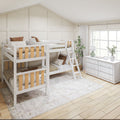 White wooden twin-over-twin bunk bed with ladder in bright modern farmhouse kids' bedroom with white dresser, large window, hardwood floors and area rug