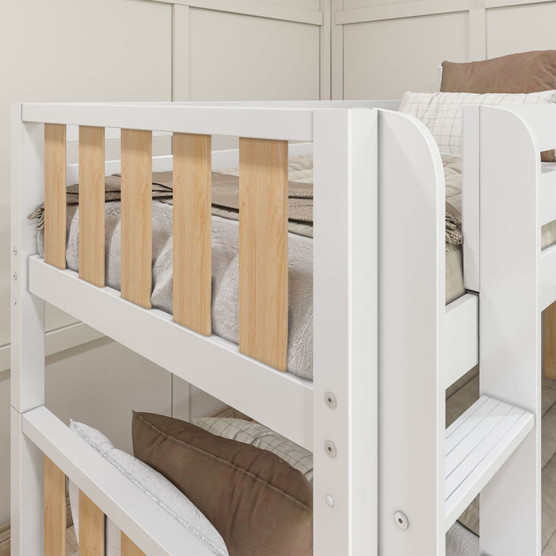 White wooden bunk bed with light natural wood slats, built-in ladder and beige neutral bedding in a modern bedroom