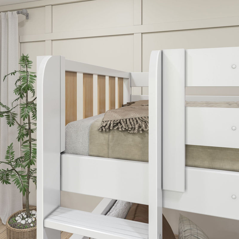 White wooden twin-over-twin bunk bed with ladder and safety rail, natural wood slats and neutral bedding in modern kids' bedroom