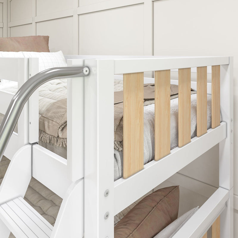 White wooden bunk bed with light natural wood slats, silver metal ladder and neutral beige bedding in a modern kids' bedroom