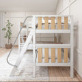 White wooden twin-over-twin bunk bed with angled ladder and natural wood slats in a modern neutral kids' bedroom with rug and potted plant