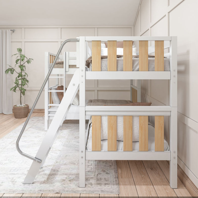 White wooden twin-over-twin bunk bed with angled ladder and natural wood slats in a modern neutral kids' bedroom with rug and potted plant