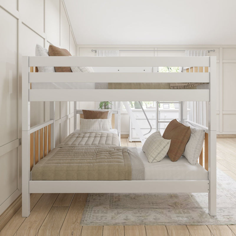 White wooden twin-over-twin bunk bed in modern neutral bedroom with beige bedding, plaid pillows, ladder, hardwood floor and natural light