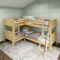 Natural wood L-shaped twin-over-twin corner bunk bed with ladder and guardrails in a cozy green paneled children's bedroom
