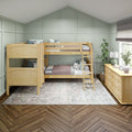 Light wood twin bunk beds with ladder in a modern kids' bedroom, mint green paneled walls, herringbone hardwood floor, patterned area rug, wooden dresser and natural window light
