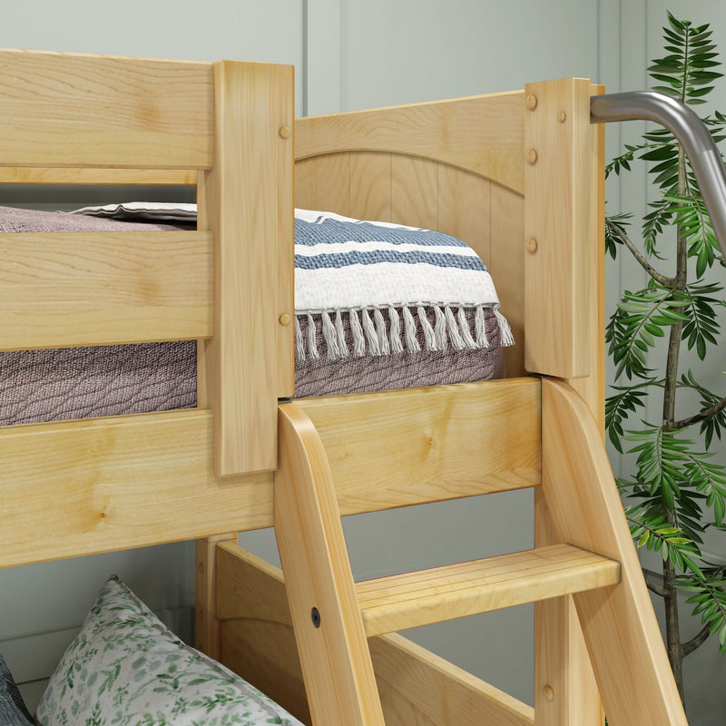 Natural pine wooden bunk bed ladder and safety rail on kids bunk bed with striped throw blanket