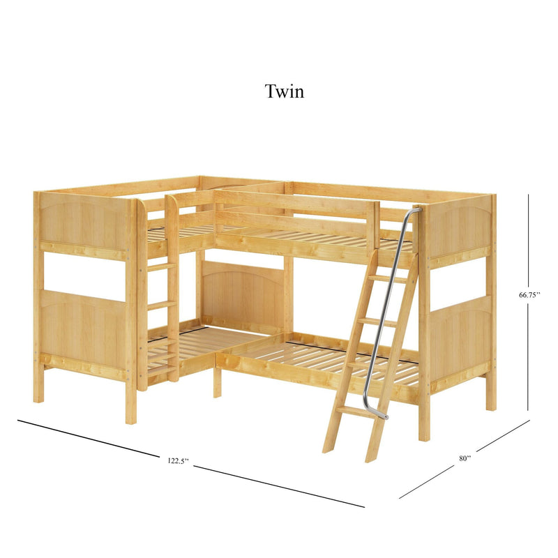 Twin L-shaped solid wood bunk bed with safety rails and angled ladder in natural finish, space-saving corner design, dimensions 122.5" x 80" x 66.75