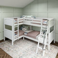 White L-shaped wooden twin bunk bed with ladder in mint-green paneled kids' bedroom, modern farmhouse corner bunk setup with blush quilts, decorative pillows and patterned area rug