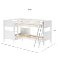 White L-shaped twin bunk bed with ladder and safety rails, solid wood slatted frames, space-saving corner design for kids, 122.5 in × 80 in × 66.75 in