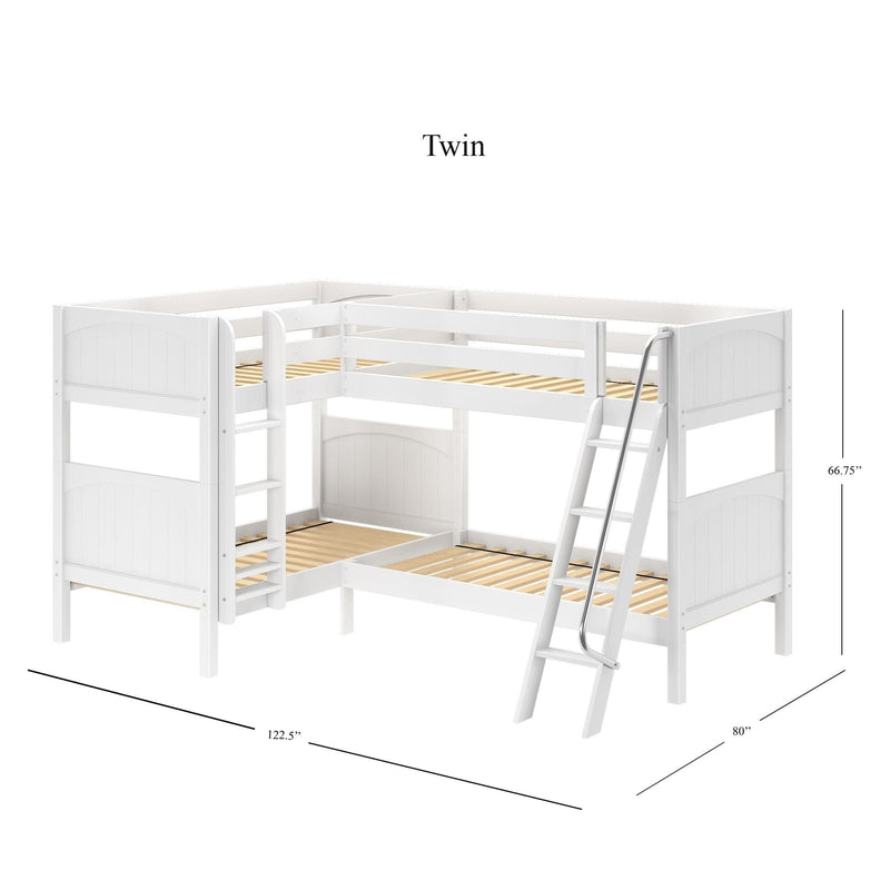 White L-shaped twin bunk bed with ladder and safety rails, solid wood slatted frames, space-saving corner design for kids, 122.5 in × 80 in × 66.75 in