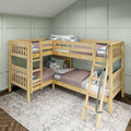 L-shaped natural wood bunk beds with ladder, cozy mauve quilts and decorative pillows in a kids' bedroom with mint green paneled walls