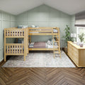 Wooden bunk beds in cozy kids' bedroom with sage green paneled accent wall, herringbone hardwood floor, natural wood dresser and lamp