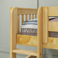 Close-up of natural pine wooden bunk bed ladder and safety rail with blue-striped quilt in kids' room