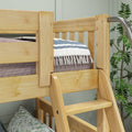 Close-up of natural pine bunk bed ladder and safety rail with striped fringed blanket — solid wood kids loft bed, bedroom decor