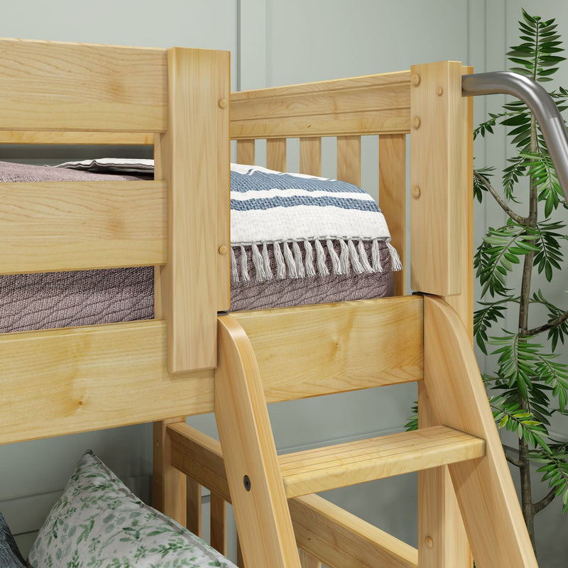 Close-up of natural pine bunk bed ladder and safety rail with striped fringed blanket — solid wood kids loft bed, bedroom decor