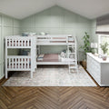 Children's shared bedroom with white bunk beds and ladder, sage board-and-batten accent wall, herringbone hardwood floor, white dresser, pastel bedding and indoor plants