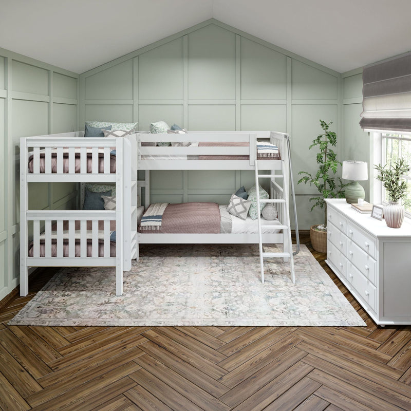 Children's shared bedroom with white bunk beds and ladder, sage board-and-batten accent wall, herringbone hardwood floor, white dresser, pastel bedding and indoor plants