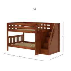Full-size wooden bunk bed with stairs and side railings, measuring 100.75 inches in length, 57.5 inches in width, and 61.5 inches in height.