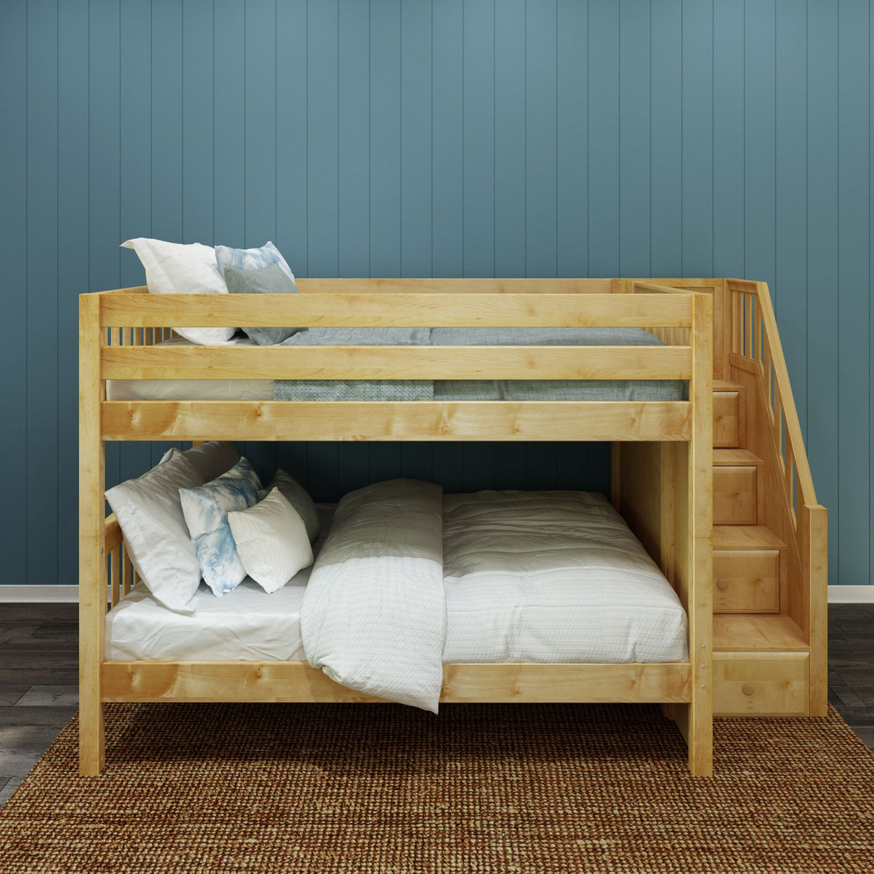 Wooden bunk bed with staircase and cozy bedding in a modern bedroom setting.