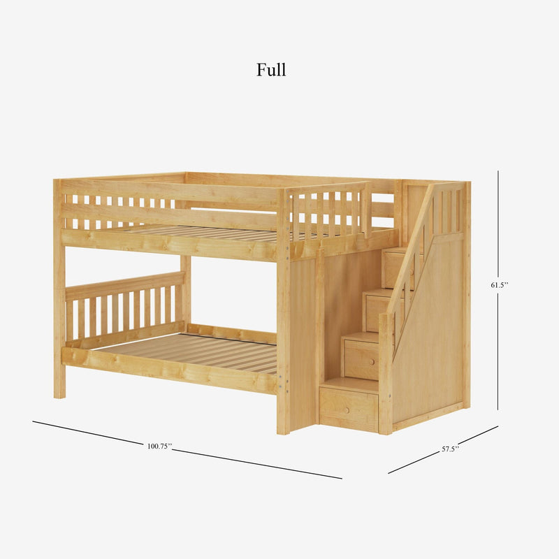 Natural solid-wood twin-over-full bunk bed with slatted guardrails and staircase with built-in storage drawers, room-saving children's loft bed