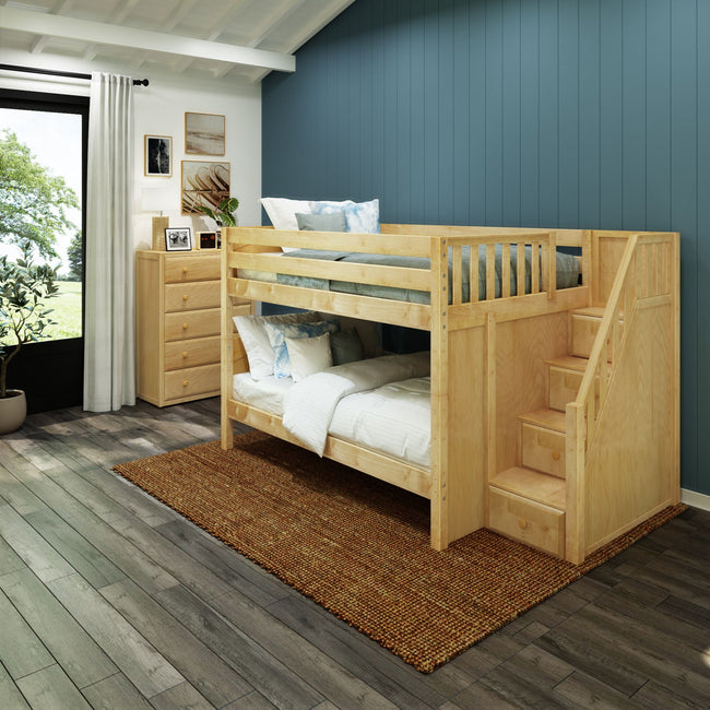 DAPPER XL NP : Staircase Bunk Beds Full XL Low Bunk Bed with Stairs, Panel, Natural
