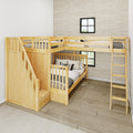 Light pine wooden twin-over-twin bunk bed with built-in stairs and ladder in a neutral kids' bedroom with textured wall, patterned pillows, and hardwood floor