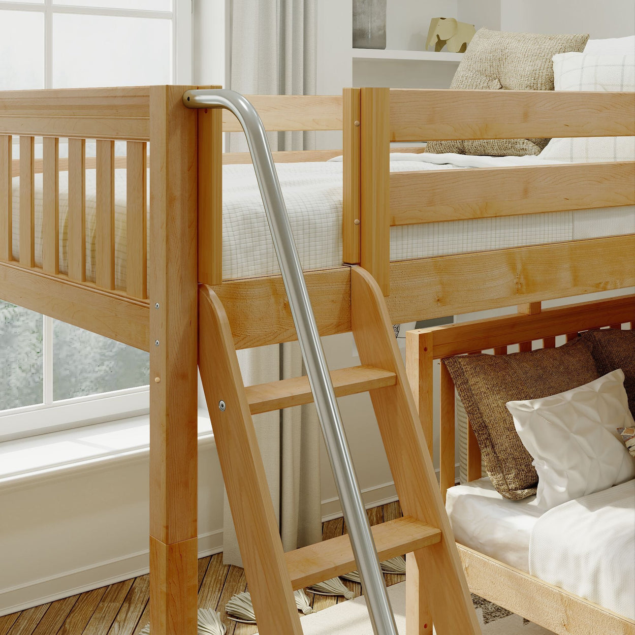 Natural maple bunk bed with metal ladder, wooden guardrails and white bedding in a bright modern kids' bedroom