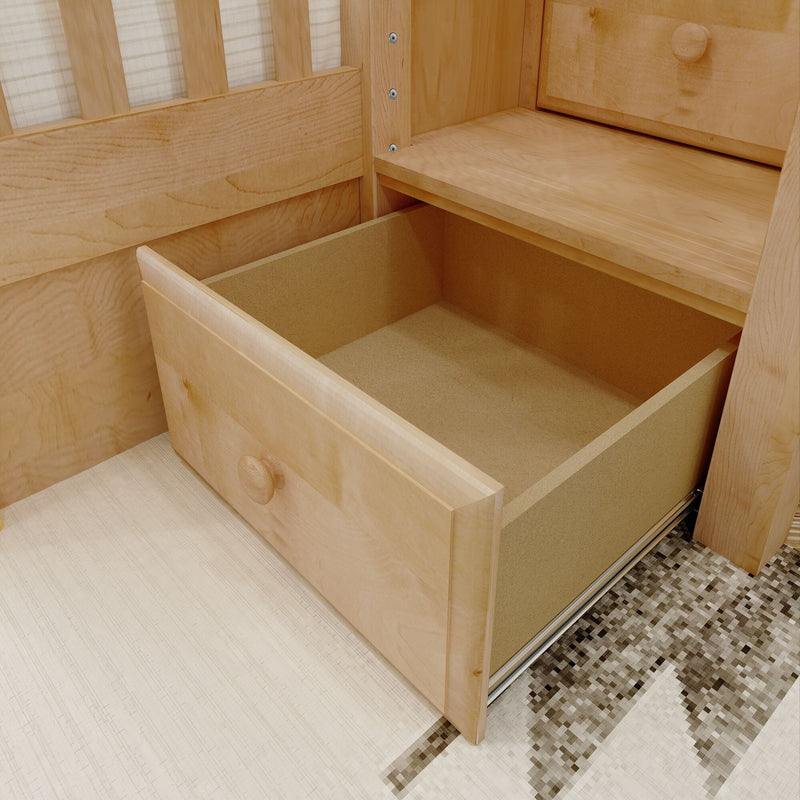 Open built-in under-bed storage drawer in light maple wood with wooden knob and metal slide rails