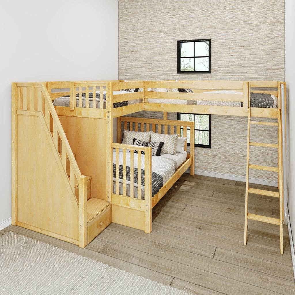 Light pine wooden twin-over-twin bunk bed with built-in stairs and ladder in a neutral kids' bedroom with textured wall, patterned pillows, and hardwood floor