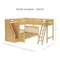 Light maple L-shaped kids bunk bed — Twin XL over Queen plus Twin XL configuration with built-in staircase storage drawers, metal ladder, slatted wooden frames, 124" x 104.75" footprint