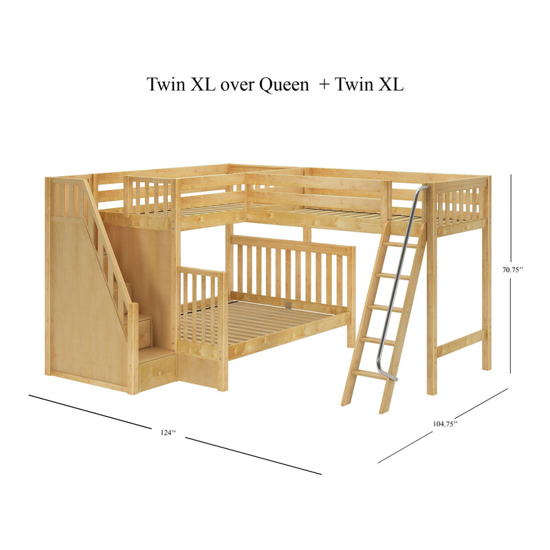 Light maple L-shaped kids bunk bed — Twin XL over Queen plus Twin XL configuration with built-in staircase storage drawers, metal ladder, slatted wooden frames, 124" x 104.75" footprint