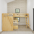 Natural wood bunk bed with ladder in a neutral kids bedroom featuring textured grasscloth wallpaper and black-framed windows