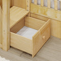 Maple-finish solid wood bed frame with open pull-out under-bed storage drawer and slatted rails, space-saving storage solution for kids' bedrooms