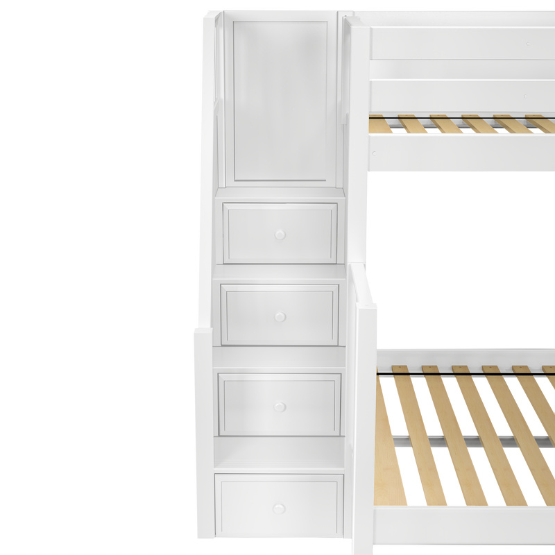 White wooden loft bunk bed with built-in storage drawers, space-saving design and wooden slat mattress support for kids' bedroom