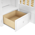 White wooden dresser with open drawer showing plywood interior, round knob and slatted side panel, storage furniture detail