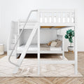 Modern white wooden bunk bed with staircase storage and metal ladder, neutral bedding and potted plant in bright minimalist kids' bedroom