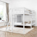 White wooden bunk bed with ladder in a bright modern kids' bedroom with neutral bedding, beige curtains and herringbone wood floor