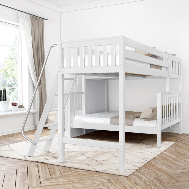 White wooden bunk bed with ladder in a bright modern kids' bedroom with neutral bedding, beige curtains and herringbone wood floor