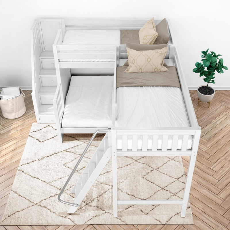Top-down view of a white wooden loft bunk bed with stair storage and drawers, beige bedding and decorative pillows, potted plant and patterned area rug in a modern bedroom